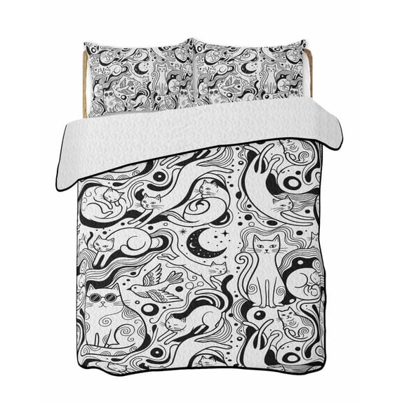 Quilts King Size Bedding Set, Black Cartoon Cats Lightweight Quilted Comforter, Modern Abstract Art Striped Cats Soft Reversible Bedspread Coverlet with Pillow Covers for All Season, 96" x 106"