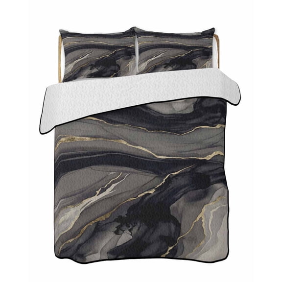 Quilts King Size Bedding Set, Black Grey Marble Lightweight Quilted Comforter, Modern Ink Painting Abstract Art Soft Reversible Bedspread Coverlet with Pillow Covers for All Season, 96" x 106"