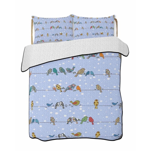 Quilts King Size Bedding Set, Blue Birds Lightweight Quilted Comforter, Funny Cute Snowflake Wire Sparrow Soft Reversible Bedspread Coverlet with Pillow Covers for All Season, 96" x 106"