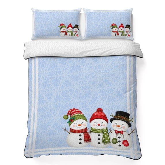Quilts King Size Bedding Set, Blue Christmas Snowflakes Lightweight Quilted Comforter, Winter Xmas Cute Snowman Plaid Soft Reversible Bedspread Coverlet with Pillow Covers for All Season, 96" x 106"