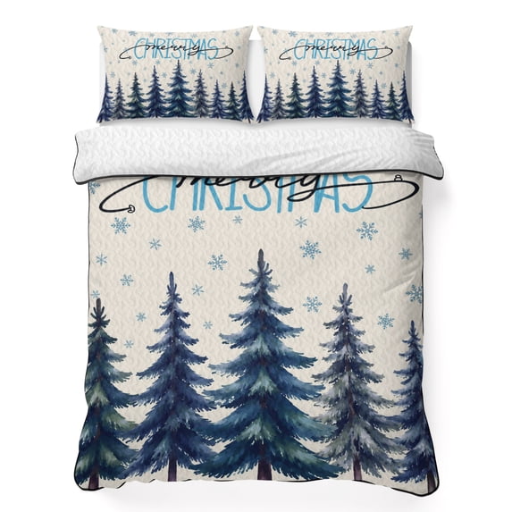 Quilts King Size Bedding Set, Blue Christmas Tree Lightweight Quilted Comforter, Xmas Trees Snowflake Rustic Soft Reversible Bedspread Coverlet with Pillow Covers for All Season, 96" x 106"
