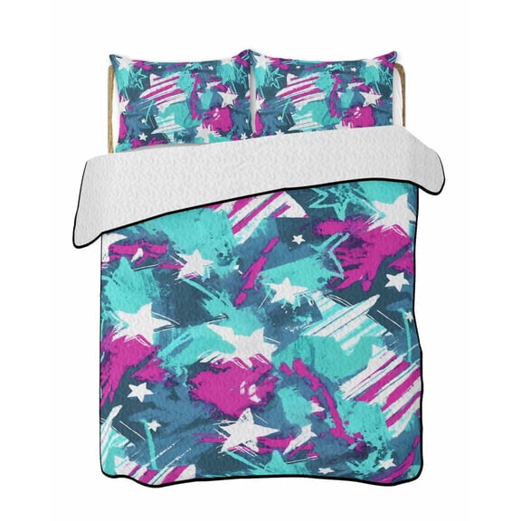 Quilts King Size Bedding Set, Blue Red USA Flag Lightweight Quilted Comforter, Abstract Green Oil Paint 4th of July Soft Reversible Bedspread Coverlet with Pillow Covers for All Season, 96" x 106"