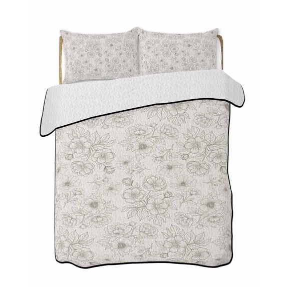 Quilts King Size Bedding Set, Botanical Flowers Lightweight Quilted Comforter, Country Chic Retro Floral Leaves Plants Soft Reversible Bedspread Coverlet with Pillow Covers for All Season, 96" x 106"