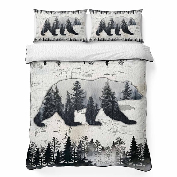 Quilts King Size Bedding Set, Brown Bear Cabin Lightweight Quilted Comforter, Vintage Pine Tree Grey Farmhouse Soft Reversible Bedspread Coverlet with Pillow Covers for All Season, 96" x 106"