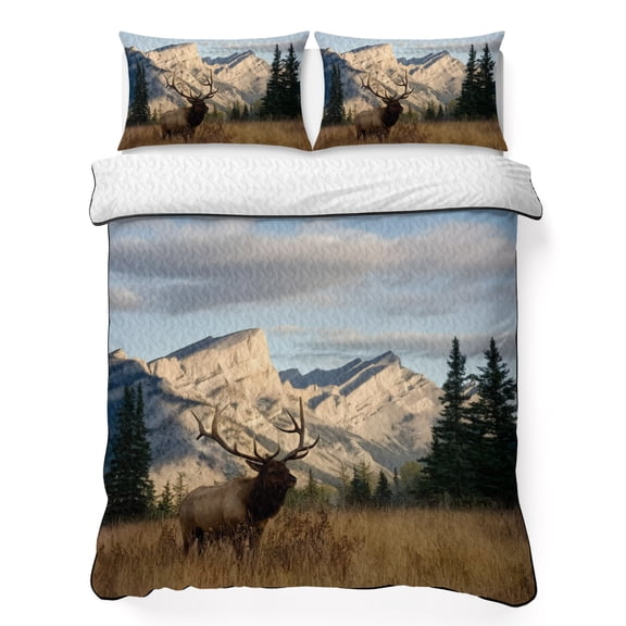 Quilts King Size Bedding Set, Brown Moose Lightweight Quilted Comforter, Mountains Forest Summer Botanical Soft Reversible Bedspread Coverlet with Pillow Covers for All Season, 96" x 106"