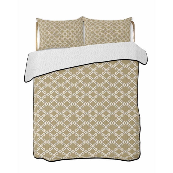 Quilts King Size Bedding Set, Brown Morocco Lightweight Quilted Comforter, Abstract Modern Geometric Textured Soft Reversible Bedspread Coverlet with Pillow Covers for All Season, 96" x 106"