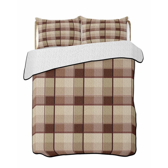 Quilts King Size Bedding Set, Brown Plaid Lightweight Quilted Comforter, Modern Abstract Ombre Gingham Checkered Soft Reversible Bedspread Coverlet with Pillow Covers for All Season, 96" x 106"