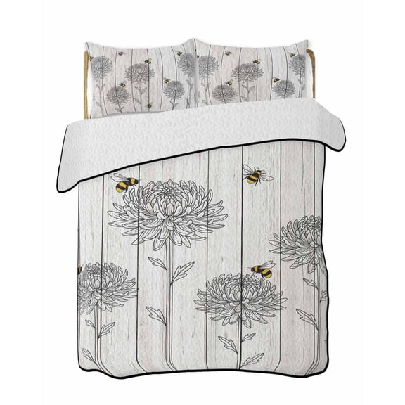 Quilts King Size Bedding Set, Bumble Bee Flowers Lightweight Quilted Comforter, Farmhouse Animals Flowers Wooden Grain Soft Reversible Bedspread Coverlet with Pillow Covers for All Season, 96" x 106"