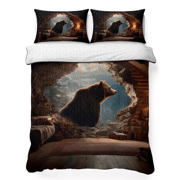 Quilts King Size Bedding Set, Cabin Bear Lightweight Quilted Comforter, Funny Animal Farmhouse Wooden Soft Reversible Bedspread Coverlet with Pillow Covers for All Season, 96" x 106"
