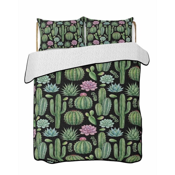 Quilts King Size Bedding Set, Cactus Summer Lightweight Quilted Comforter, Watercolor Tropical Botanical Black Soft Reversible Bedspread Coverlet with Pillow Covers for All Season, 96" x 106"