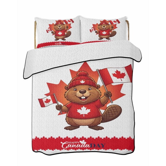 Quilts King Size Bedding Set, Canada Beavers Lightweight Quilted Comforter, Modern Chic Maple Leaf Red Brown Soft Reversible Bedspread Coverlet with Pillow Covers for All Season, 96" x 106"