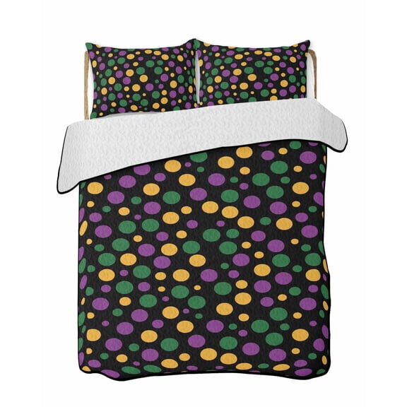 Quilts King Size Bedding Set, Carnival Lightweight Quilted Comforter, Modern Abstract Purple Green Yellow Polka Dot Soft Reversible Bedspread Coverlet with Pillow Covers for All Season, 96" x 106"