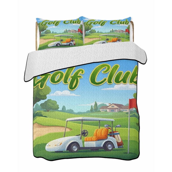 Quilts King Size Bedding Set, Cartoon Golf Lightweight Quilted Comforter, Chic Country Green Trees Cabins Sports Soft Reversible Bedspread Coverlet with Pillow Covers for All Season, 96" x 106"