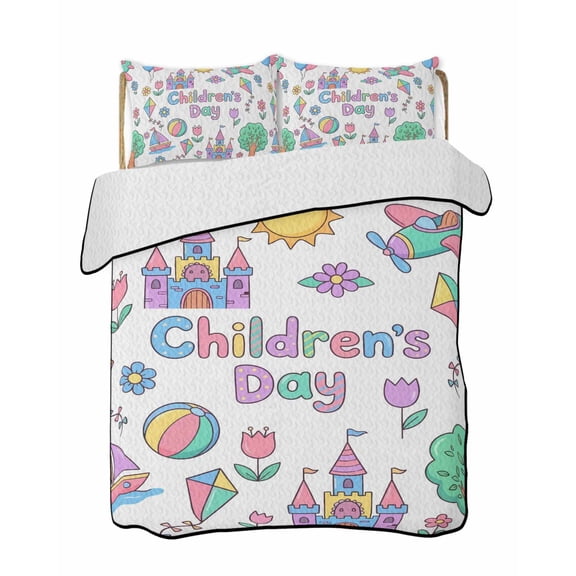 Quilts King Size Bedding Set, Children's Day Lightweight Quilted Comforter, Airplanes Sailing Boats Tree Cartoon School Reversible Bedspread Coverlet with Pillow Covers for All Season, 96" x 106"