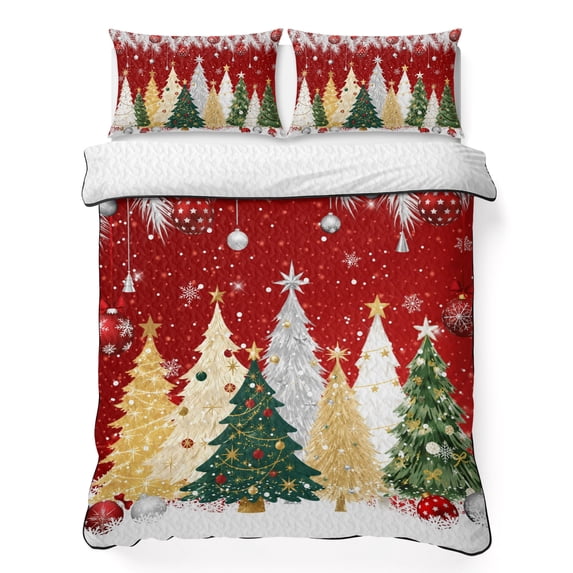 Quilts King Size Bedding Set, Christmas Lightweight Quilted Comforter, Red Xmas Trees Pine Needle Snowflake Soft Reversible Bedspread Coverlet with Pillow Covers for All Season, 96" x 106"