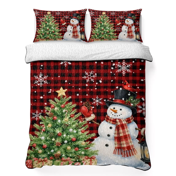 Quilts King Size Bedding Set, Christmas Snowman Lightweight Quilted Comforter, Cardinal Bird Snowflake Red Black Plaid Soft Reversible Bedspread Coverlet with Pillow Covers for All Season, 96" x 106"
