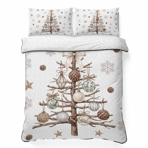 Quilts King Size Bedding Set, Christmas Tree Lightweight Quilted Comforter, Brown Xmas Balls Withered Branch Snowflakes Reversible Bedspread Coverlet with Pillow Covers for All Season, 96" x 106"