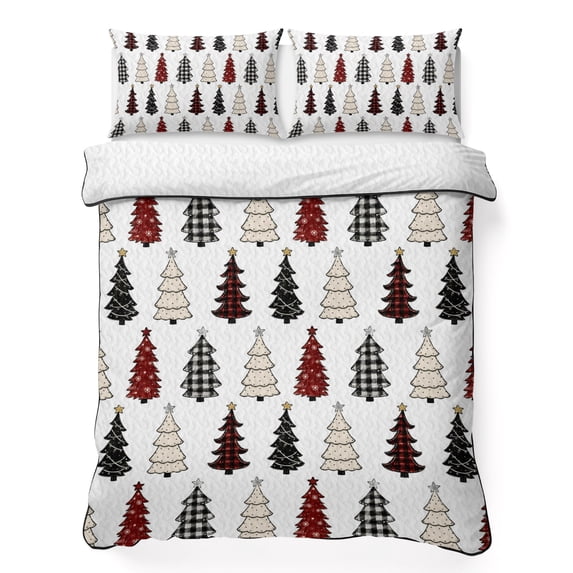 Quilts King Size Bedding Set, Christmas Trees Lightweight Quilted Comforter, Black Red Xmas Tree Snowflake Winter Soft Reversible Bedspread Coverlet with Pillow Covers for All Season, 96" x 106"