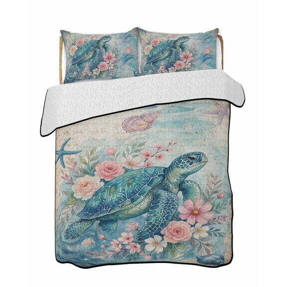 Quilts King Size Bedding Set, Coastal Animal Lightweight Quilted Comforter, Summer Ocean Turtle Starfish Conch Floral Retro Soft Bedspread Coverlet with Pillow Covers for All Season, 96" x 106"