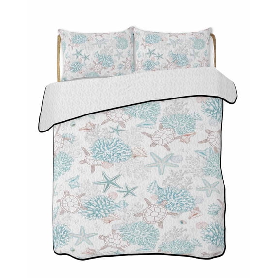 Quilts King Size Bedding Set, Coastal Coral Turtle Lightweight Quilted Comforter, Aqua Ocean Conch Starfish Summer Beach Soft Bedspread Coverlet with Pillow Covers for All Season, 96" x 106"