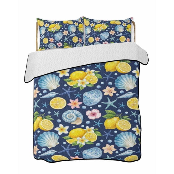 Quilts King Size Bedding Set, Coastal Lightweight Quilted Comforter, Summer Lemon Flower Shell Starfish Blue Soft Reversible Bedspread Coverlet with Pillow Covers for All Season, 96" x 106"