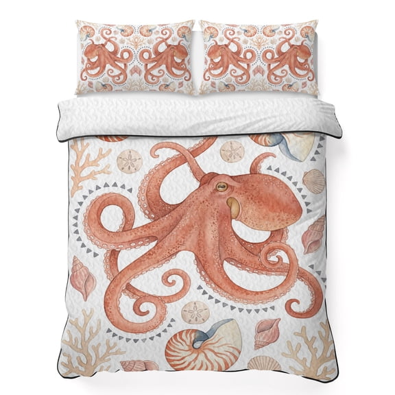 Quilts King Size Bedding Set, Coastal Octopus Lightweight Quilted Comforter, Sea Shells Coral Nautical Marine Orange Soft Reversible Bedspread Coverlet with Pillow Covers for All Season, 96" x 106"