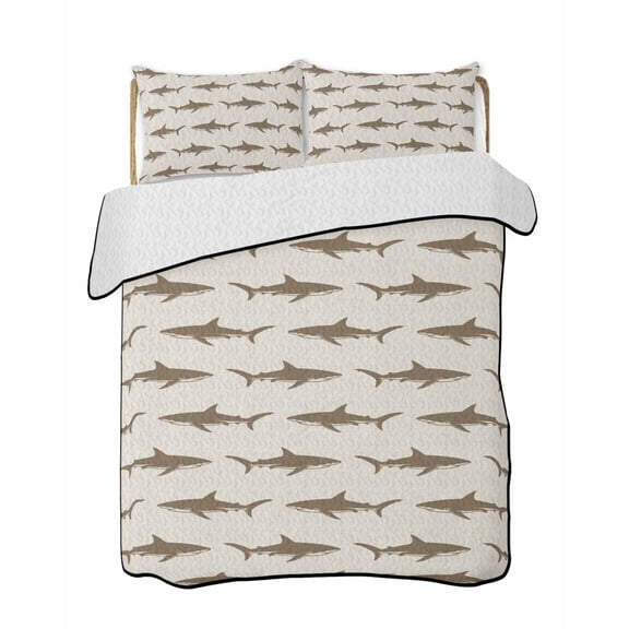 Quilts King Size Bedding Set, Coastal Shark Lightweight Quilted Comforter, Ocean Sea Nautical Rustic Soft Reversible Bedspread Coverlet with Pillow Covers for All Season, 96" x 106"
