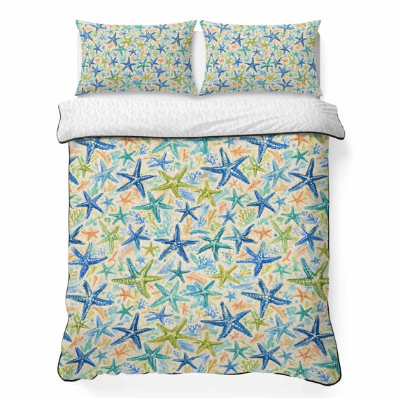 Quilts King Size Bedding Set, Coastal Starfish Lightweight Quilted Comforter, Summer Nautical Ocean Marine Life Soft Reversible Bedspread Coverlet with Pillow Covers for All Season, 96" x 106"