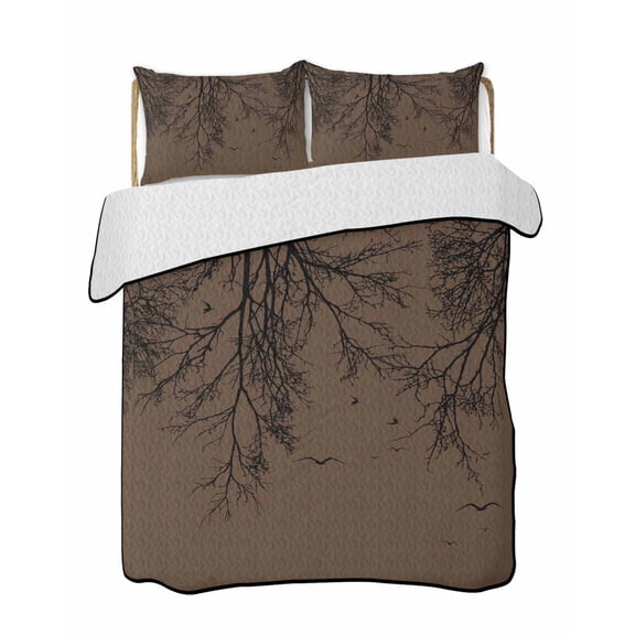 Quilts King Size Bedding Set, Coffee Brown Black Branches Lightweight Quilted Comforter, Botanical Dead Tree Birds Soft Reversible Bedspread Coverlet with Pillow Covers for All Season, 96" x 106"