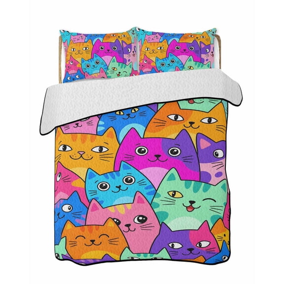 Quilts King Size Bedding Set, Colorful Cat Lightweight Quilted Comforter, Modern Abstract Art Cartoon Soft Reversible Bedspread Coverlet with Pillow Covers for All Season, 96" x 106"