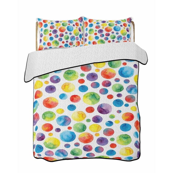Quilts King Size Bedding Set, Colorful Polka Dot Lightweight Quilted Comforter, Cartoon Watercolor Abstract Graffiti Soft Reversible Bedspread Coverlet with Pillow Covers for All Season, 96" x 106"