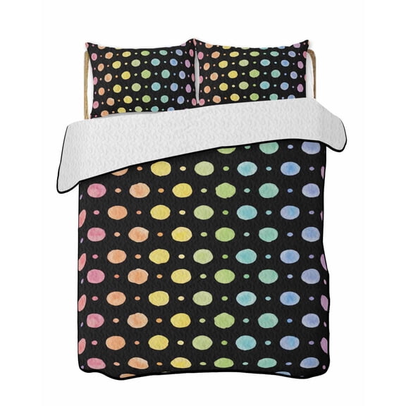 Quilts King Size Bedding Set, Colorful Polka Dot Lightweight Quilted Comforter, Cartoon Watercolor Geometric Black Soft Reversible Bedspread Coverlet with Pillow Covers for All Season, 96" x 106"