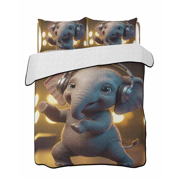 Quilts King Size Bedding Set, Cute Elephant Lightweight Quilted Comforter, Funny Abstract Animals Print Soft Reversible Bedspread Coverlet with Pillow Covers for All Season, 96" x 106"