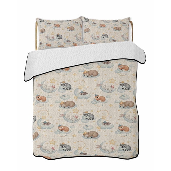 Quilts King Size Bedding Set, Cute Fox Lightweight Quilted Comforter, Funny Animals Rustic Star Bunny Soft Reversible Bedspread Coverlet with Pillow Covers for All Season, 96" x 106"