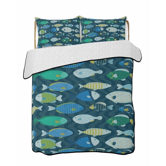 Quilts King Size Bedding Set, Deep Green Fishes Lightweight Quilted Comforter, Cartoon Coastal Ocean Fish Striped Soft Reversible Bedspread Coverlet with Pillow Covers for All Season, 96" x 106"