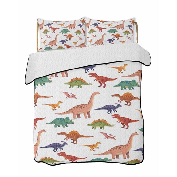 Quilts King Size Bedding Set, Dinosaur Lightweight Quilted Comforter, Colorful Animals Cute Funny Cartoon Soft Reversible Bedspread Coverlet with Pillow Covers for All Season, 96" x 106"