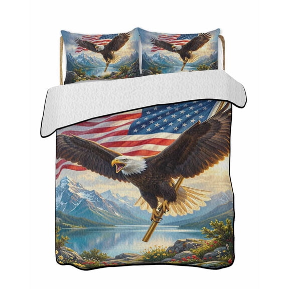 Quilts King Size Bedding Set, Eagle American Flag Lightweight Quilted Comforter, Mountain Flowers Sky Nature Scenery Soft Reversible Bedspread Coverlet with Pillow Covers for All Season, 96" x 106"