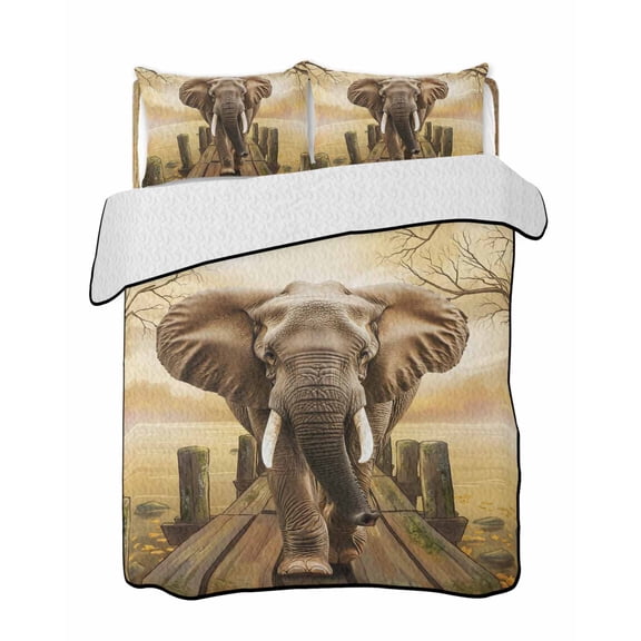 Quilts King Size Bedding Set, Elephants Lightweight Quilted Comforter, Branches Trees Modern Art Animals Soft Reversible Bedspread Coverlet with Pillow Covers for All Season, 96" x 106"