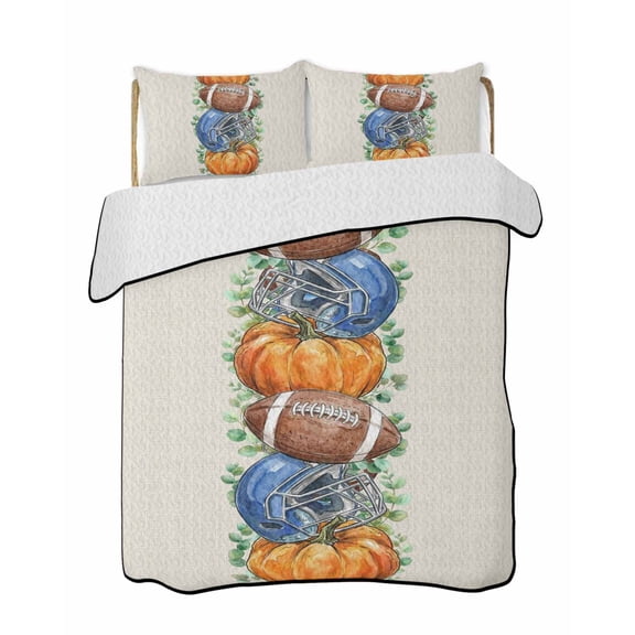 Quilts King Size Bedding Set, Fall Pumpkins Lightweight Quilted Comforter, Autumn Football Baseball Eucalyptus Leaves Soft Reversible Bedspread Coverlet with Pillow Covers for All Season, 96" x 106"