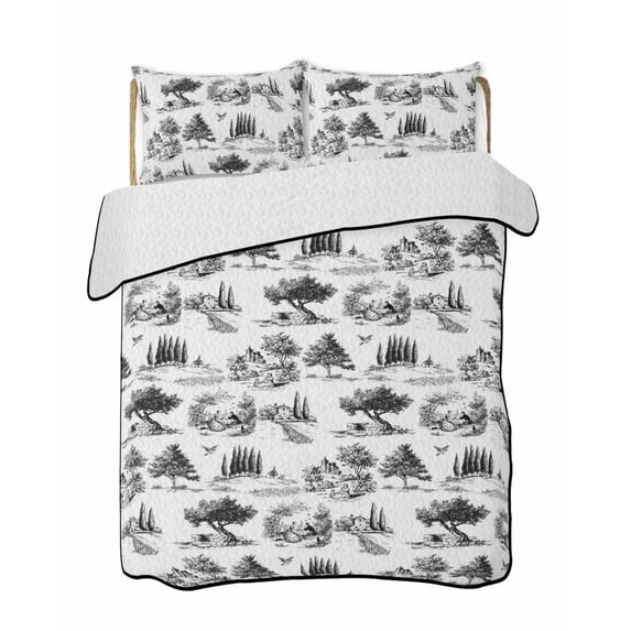 Quilts King Size Bedding Set, Farmhouse Country Lightweight Quilted Comforter, Black Vintage Trees Rustic French Garden Reversible Bedspread Coverlet with Pillow Covers for All Season, 96" x 106"
