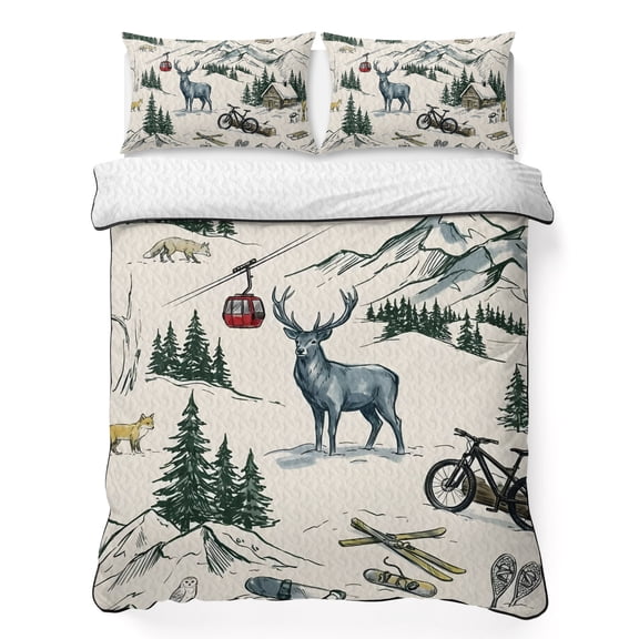 Quilts King Size Bedding Set, Farmhouse Elk Lightweight Quilted Comforter, Forest Mountain Cabin Vintage Cottagecore Soft Reversible Bedspread Coverlet with Pillow Covers for All Season, 96" x 106"