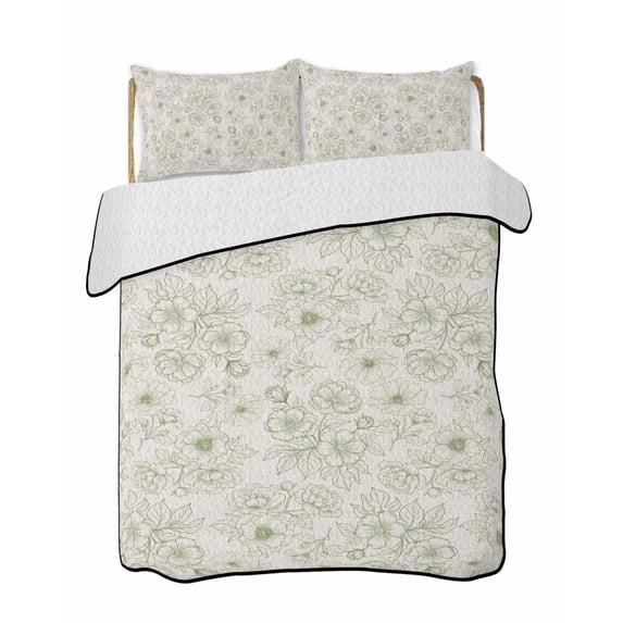 Quilts King Size Bedding Set, Farmhouse Flowers Lightweight Quilted Comforter, Green Botanical Floral Patterned Soft Reversible Bedspread Coverlet with Pillow Covers for All Season, 96" x 106"