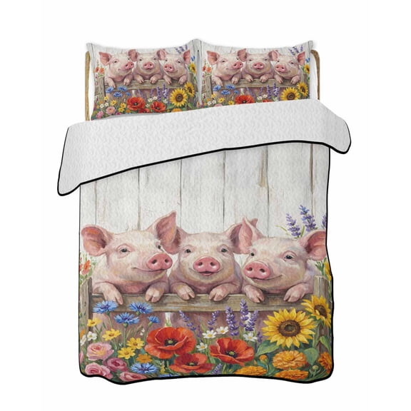 Quilts King Size Bedding Set, Farmhouse Pigs Lightweight Quilted Comforter, Country Vintage Flowers Wooden Grain Soft Reversible Bedspread Coverlet with Pillow Covers for All Season, 96" x 106"