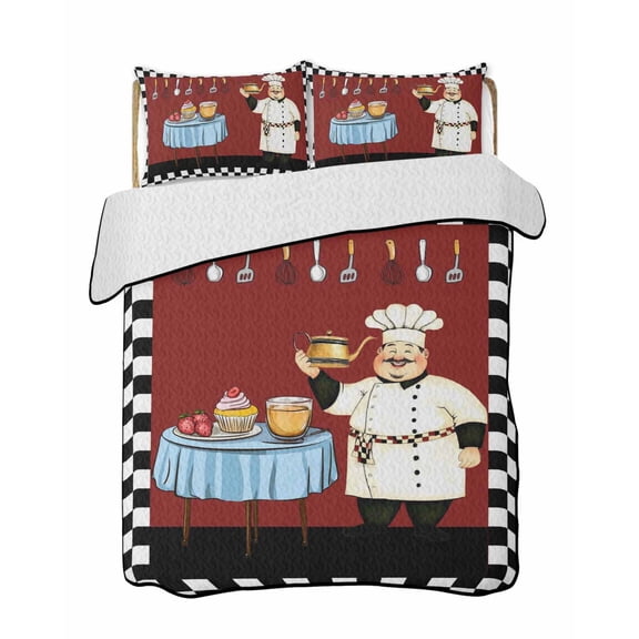 Quilts King Size Bedding Set, Fat Chef Lightweight Quilted Comforter, Red Cartoon Cakes Food Cooking Farmhouse Plaid Soft Reversible Bedspread Coverlet with Pillow Covers for All Season, 96" x 106"