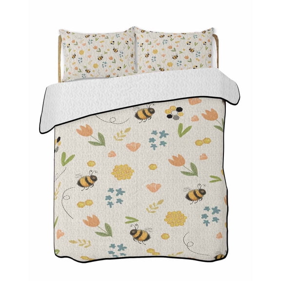 Quilts King Size Bedding Set, Flowers Bees Lightweight Quilted Comforter, Farmhouse Spring Botanical Flowers Leaves Soft Reversible Bedspread Coverlet with Pillow Covers for All Season, 96" x 106"