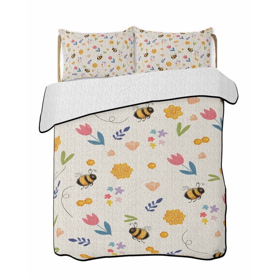 Quilts King Size Bedding Set, Flowers Bees Lightweight Quilted Comforter, Spring Funny Botanical Flowers Leaves Stripes Reversible Bedspread Coverlet with Pillow Covers for All Season, 96" x 106"