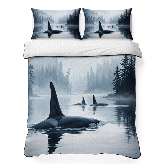 Quilts King Size Bedding Set, Forest Whale Tail Lightweight Quilted Comforter, Nature Foggy Pine Trees Black Soft Reversible Bedspread Coverlet with Pillow Covers for All Season, 96" x 106"