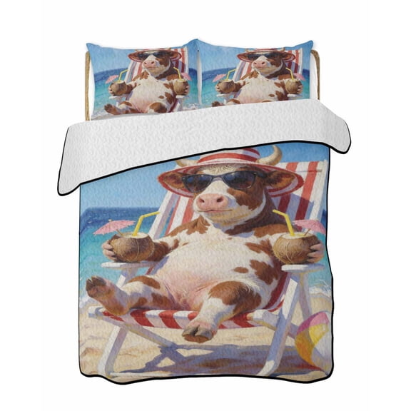 Quilts King Size Bedding Set, Funny Cow Summer Beach Lightweight Quilted Comforter, Blue Sand Vacations Soft Reversible Bedspread Coverlet with Pillow Covers for All Season, 96" x 106"