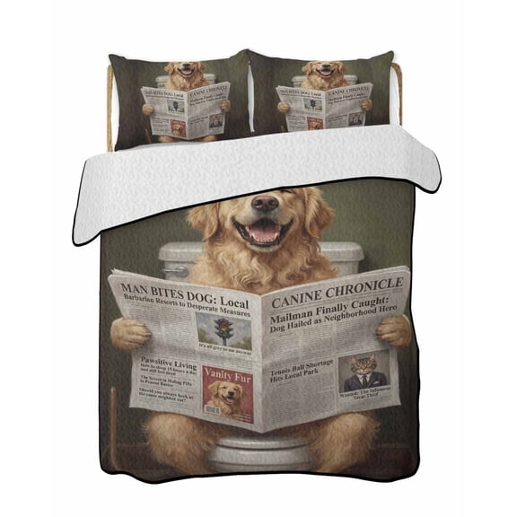 Quilts King Size Bedding Set, Funny Dogs Puppy Lightweight Quilted Comforter, Cute Animals Reading Newspaper Toilet Soft Reversible Bedspread Coverlet with Pillow Covers for All Season, 96" x 106"