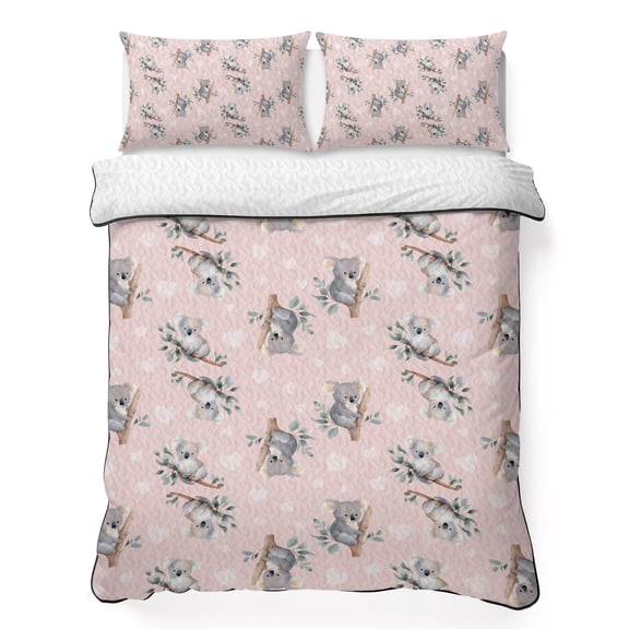 Quilts King Size Bedding Set, Funny Koala Lightweight Quilted Comforter, Rustic Cute Animals Leaves Modern Minimalist Pink Soft Bedspread Coverlet with Pillow Covers for All Season, 96" x 106"